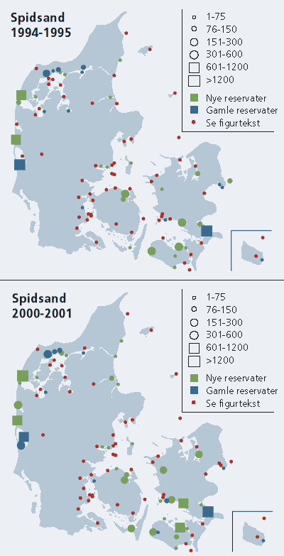 Danmarks-kort, der illustrerer fuglenes respons p etableringen af de nye reservater.